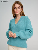 Ziemas rudens sieviešu džemperis Modes V veida kakla trikotāžas džemperis Lielizmēra Biezs Silts Džemperis Vintage Pulovers Džemperi