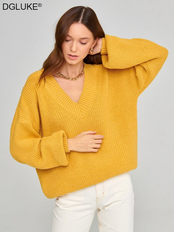 Ziemas rudens sieviešu džemperis Modes V veida kakla trikotāžas džemperis Lielizmēra Biezs Silts Džemperis Vintage Pulovers Džemperi