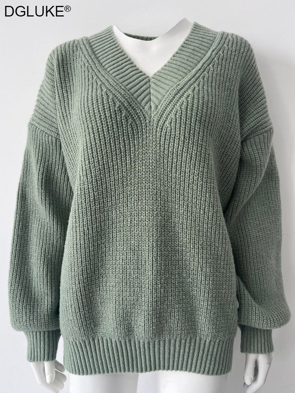 Ziemas rudens sieviešu džemperis Modes V veida kakla trikotāžas džemperis Lielizmēra Biezs Silts Džemperis Vintage Pulovers Džemperi