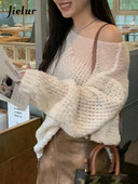 Jielur Seksi pletenina s izdubljenim ramenima Jesenski bijeli korejski pulover novog stila Ženski modni lijeni pleteni pulover