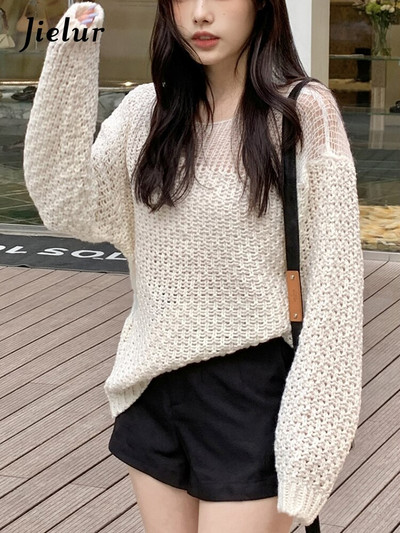 Jielur Seksi pletenina s izdubljenim ramenima Jesenski bijeli korejski pulover novog stila Ženski modni lijeni pleteni pulover