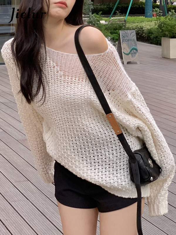 Jielur Seksi pletenina s izdubljenim ramenima Jesenski bijeli korejski pulover novog stila Ženski modni lijeni pleteni pulover