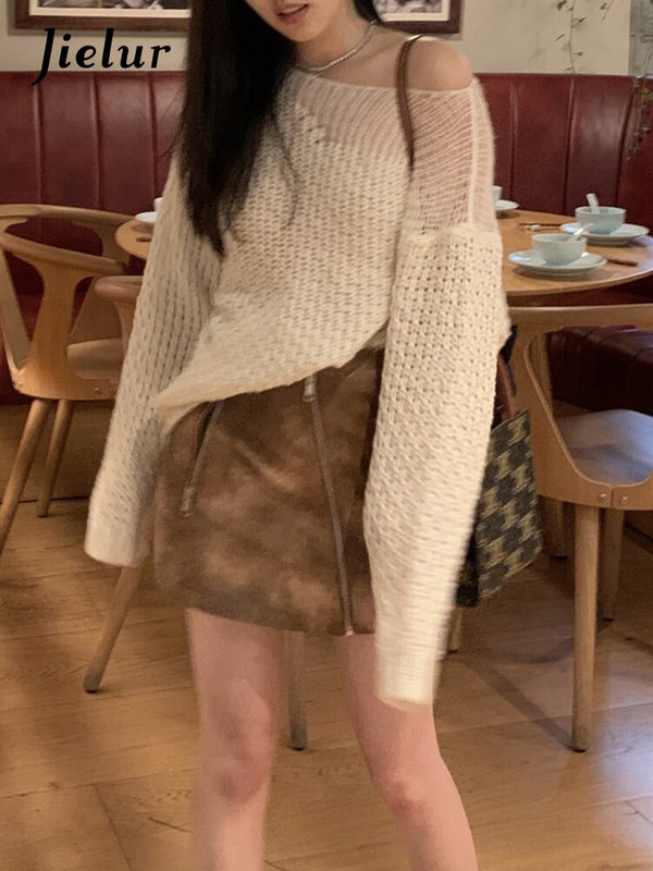 Jielur Seksi pletenina s izdubljenim ramenima Jesenski bijeli korejski pulover novog stila Ženski modni lijeni pleteni pulover
