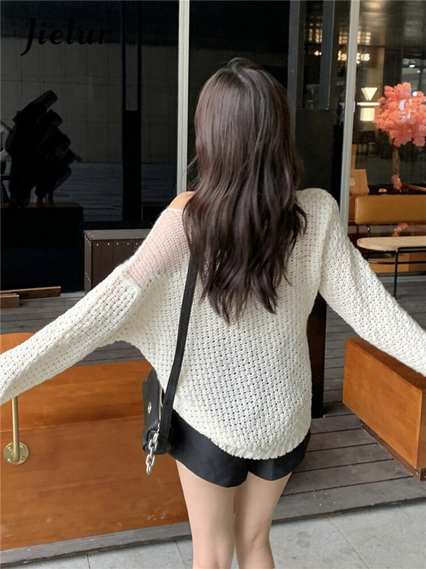 Jielur Seksi pletenina s izdubljenim ramenima Jesenski bijeli korejski pulover novog stila Ženski modni lijeni pleteni pulover