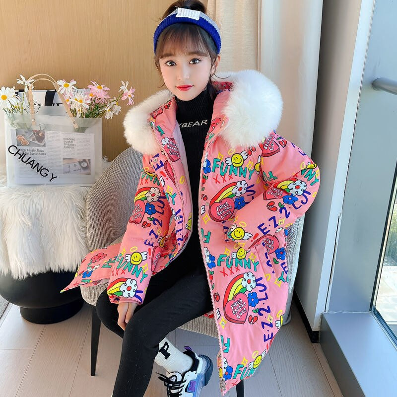 Χειμωνιάτικα ζεστά μπουφάν για κορίτσια Δίχρωμα Παιδικό παλτό με κουκούλα από ψεύτικη γούνα Λευκή πάπια πουπουλένια πάρκα Παιδικά αδιάβροχα ρούχα TZ672