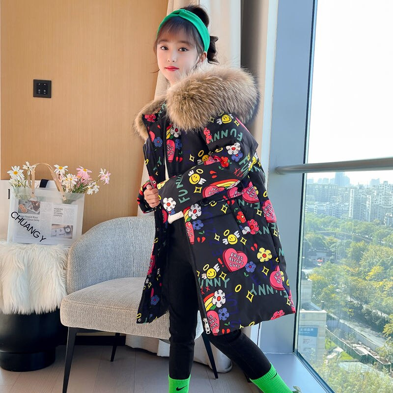 Χειμωνιάτικα ζεστά μπουφάν για κορίτσια Δίχρωμα Παιδικό παλτό με κουκούλα από ψεύτικη γούνα Λευκή πάπια πουπουλένια πάρκα Παιδικά αδιάβροχα ρούχα TZ672