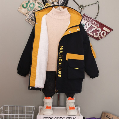 Ziemas zēnu siltas kontrasta flīsa jakas ar kapuci Studentu termiski garie mēteļi bērnu parka bērnu tērpi no 3 līdz 13 gadiem