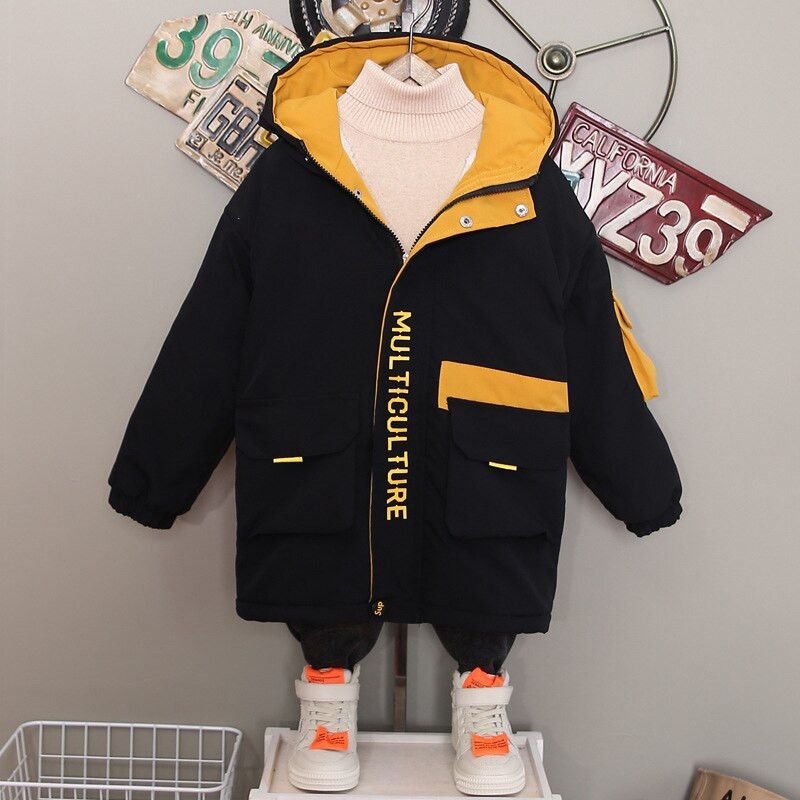 Ziemas zēnu siltas kontrasta flīsa jakas ar kapuci Studentu termiski garie mēteļi bērnu parka bērnu tērpi no 3 līdz 13 gadiem