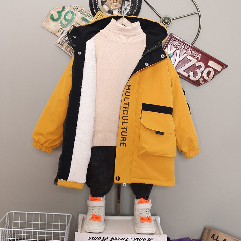 Ziemas zēnu siltas kontrasta flīsa jakas ar kapuci Studentu termiski garie mēteļi bērnu parka bērnu tērpi no 3 līdz 13 gadiem