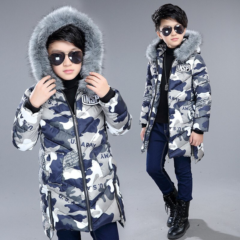 Bērnu ziemas jakas zēniem kamuflāžas kažokādas ar kapuci, garš, biezs, silts sniega mētelis bērnu parka apģērbs pusaudžiem zēniem 8 12 15 gadi