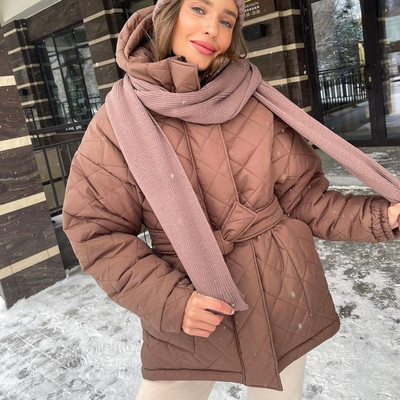 Fandy Lokar vaļīgas ikdienas parkas ar kapuci Sieviešu modes biezi mēteļi sievietēm Eleganta kaklasaites josta Arygle kokvilnas jakas sievietēm