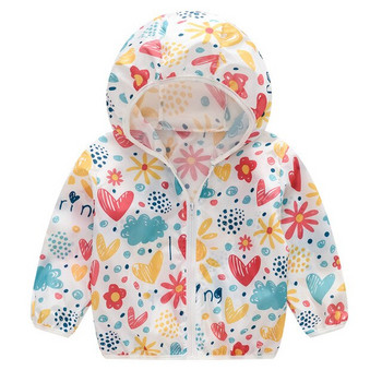 Детско унисекс слънцезащитно облекло, палто с цип с качулка, сладък анимационен принт, UV защита, бързосъхнещо тънко яке 2-7 години