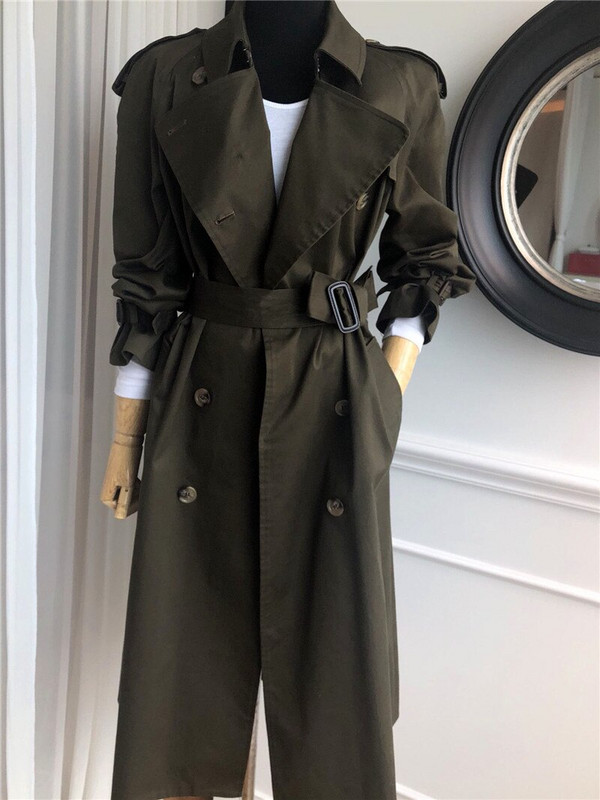 Ženski ležerni zeleni trenč kaput jesen zima 2022., šik gornja odjeća s dvostrukim kopčanjem, dugački široki korejski trenč pojasevi TR19