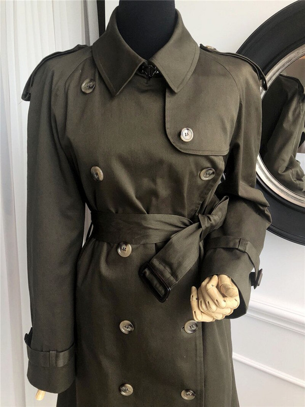 Ženski ležerni zeleni trenč kaput jesen zima 2022., šik gornja odjeća s dvostrukim kopčanjem, dugački široki korejski trenč pojasevi TR19