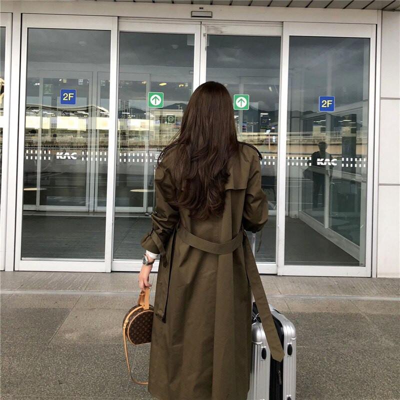 Ženski ležerni zeleni trenč kaput jesen zima 2022., šik gornja odjeća s dvostrukim kopčanjem, dugački široki korejski trenč pojasevi TR19