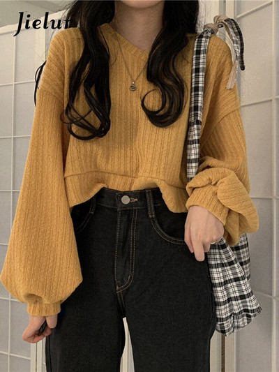Jielur pleteni pulover džemper dugih rukava s V izrezom Ženski retro opušteni kratki, raznobojni Pull Femme Autumn