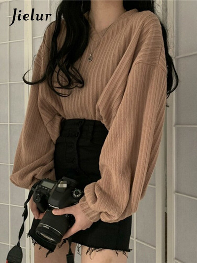 Jielur pleteni pulover džemper dugih rukava s V izrezom Ženski retro opušteni kratki, raznobojni Pull Femme Autumn
