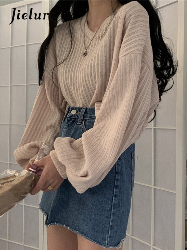 Jielur pleteni pulover džemper dugih rukava s V izrezom Ženski retro opušteni kratki, raznobojni Pull Femme Autumn