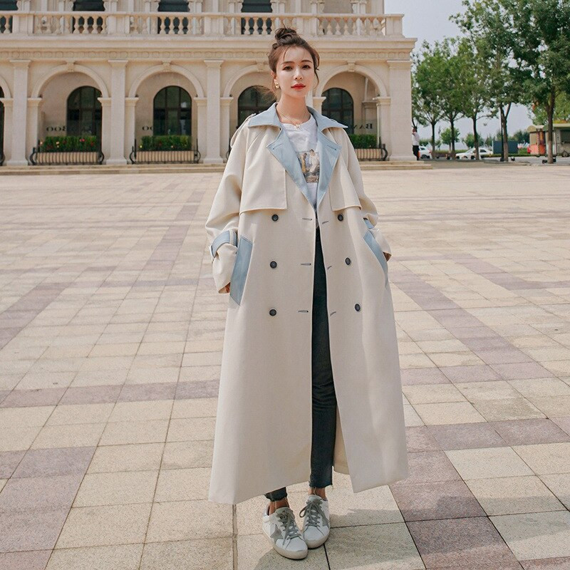 Ženski kaput 2022. vjetrovka s šavovima u kontrastnim bojama, duga proljetno-jesenska jakna prekomjerne veličine, ženski modni ženski plašt