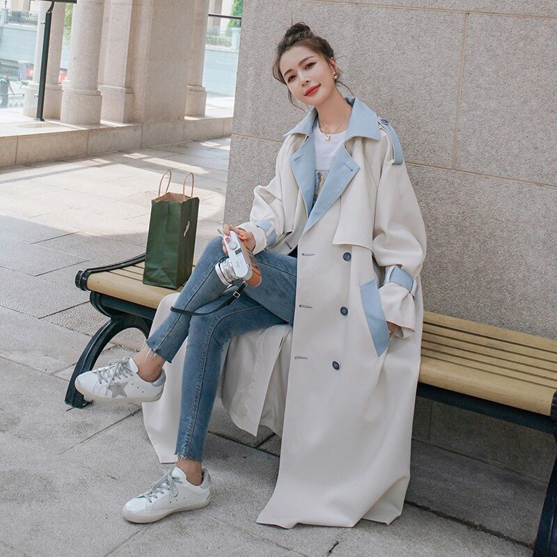 Ženski kaput 2022. vjetrovka s šavovima u kontrastnim bojama, duga proljetno-jesenska jakna prekomjerne veličine, ženski modni ženski plašt