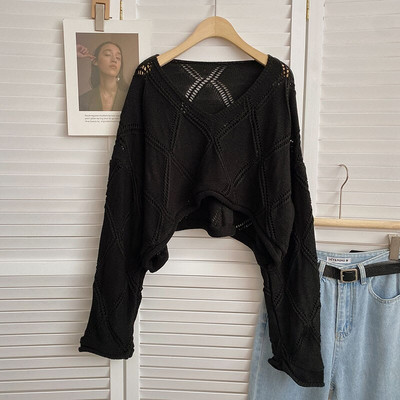 Yitimoky Cropped Jumper Γυναικείο πουλόβερ με κούφιο κούφιο μεγάλο πουλόβερ Φθινόπωρο Χειμώνας 2022 Κορεάτικη μόδα Πλεκτό μακρυμάνικο μπλουζάκι