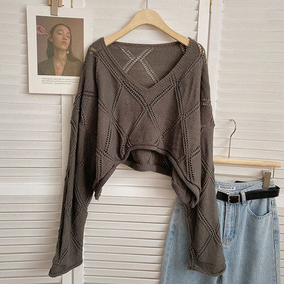 Yitimoky Cropped Jumper Γυναικείο πουλόβερ με κούφιο κούφιο μεγάλο πουλόβερ Φθινόπωρο Χειμώνας 2022 Κορεάτικη μόδα Πλεκτό μακρυμάνικο μπλουζάκι