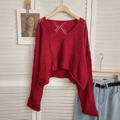 Yitimoky Cropped Jumper Γυναικείο πουλόβερ με κούφιο κούφιο μεγάλο πουλόβερ Φθινόπωρο Χειμώνας 2022 Κορεάτικη μόδα Πλεκτό μακρυμάνικο μπλουζάκι