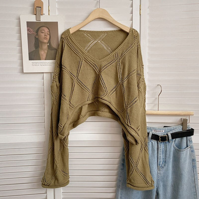 Yitimoky Cropped Jumper Γυναικείο πουλόβερ με κούφιο κούφιο μεγάλο πουλόβερ Φθινόπωρο Χειμώνας 2022 Κορεάτικη μόδα Πλεκτό μακρυμάνικο μπλουζάκι