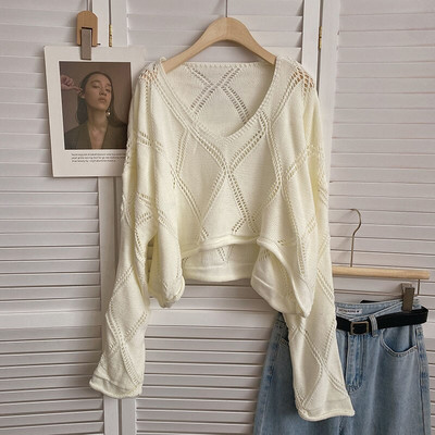 Yitimoky Cropped Jumper Γυναικείο πουλόβερ με κούφιο κούφιο μεγάλο πουλόβερ Φθινόπωρο Χειμώνας 2022 Κορεάτικη μόδα Πλεκτό μακρυμάνικο μπλουζάκι