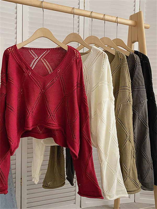 Yitimoky Cropped Jumper Γυναικείο πουλόβερ με κούφιο κούφιο μεγάλο πουλόβερ Φθινόπωρο Χειμώνας 2022 Κορεάτικη μόδα Πλεκτό μακρυμάνικο μπλουζάκι