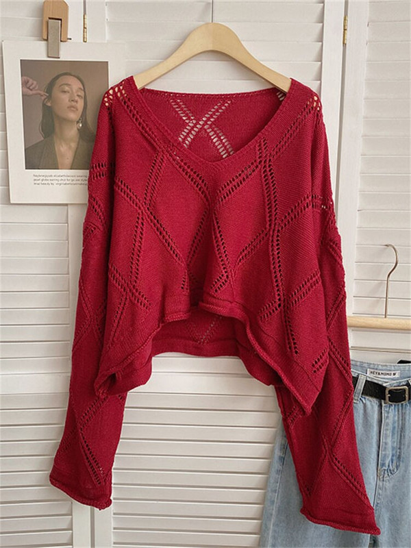 Yitimoky Cropped Jumper Γυναικείο πουλόβερ με κούφιο κούφιο μεγάλο πουλόβερ Φθινόπωρο Χειμώνας 2022 Κορεάτικη μόδα Πλεκτό μακρυμάνικο μπλουζάκι