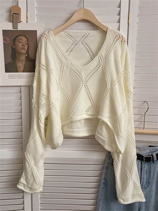 Yitimoky Cropped Jumper Γυναικείο πουλόβερ με κούφιο κούφιο μεγάλο πουλόβερ Φθινόπωρο Χειμώνας 2022 Κορεάτικη μόδα Πλεκτό μακρυμάνικο μπλουζάκι