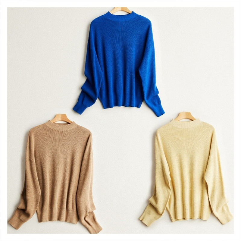 Statīvs apaļš kakla brīvs džemperis Sieviešu zīda kašmira maisījuma džemperis ar garām piedurknēm Zīdkoka zīda vienkrāsains retro džemperis