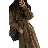 Καμπαρντίνες Γυναικείες φθινόπωρο 2022 Vintage καφέ casual πέτο Μακρύ αντιανεμικό Famale Ρούχα με διπλό στήθος Φαρδιά γυναικεία φύλλα