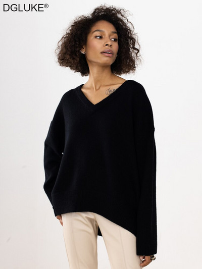 Ženski pulover s V-izrezom jesen zima 2022. Modni pleteni preveliki pulover Vintage široki topli džemper ružičasti