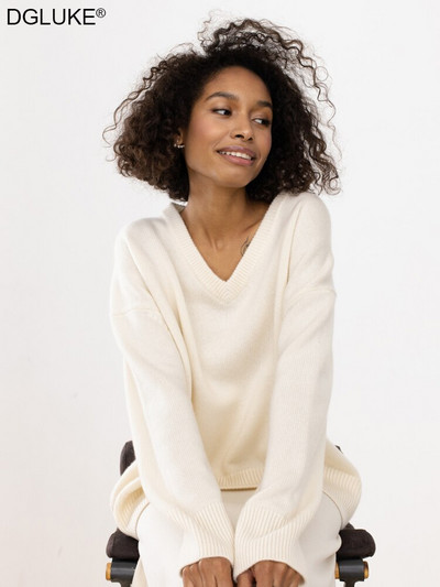 Ženski pulover s V-izrezom jesen zima 2022. Modni pleteni preveliki pulover Vintage široki topli džemper ružičasti