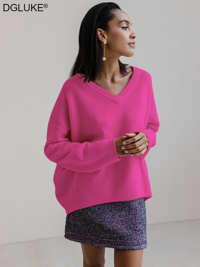 Ženski pulover s V-izrezom jesen zima 2022. Modni pleteni preveliki pulover Vintage široki topli džemper ružičasti