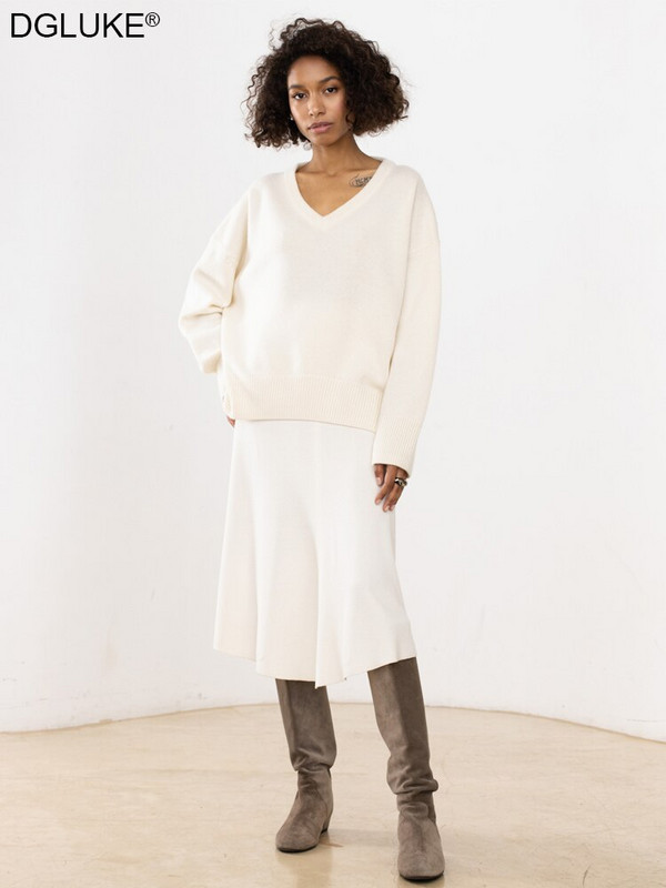 Ženski pulover s V-izrezom jesen zima 2022. Modni pleteni preveliki pulover Vintage široki topli džemper ružičasti