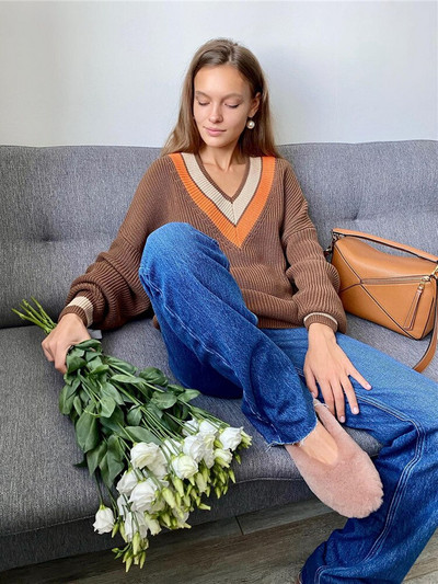 Γυναικείο φθινοπωρινό χειμερινό πουλόβερ Γυναικεία πουλόβερ Oversize Loose V λαιμόκοψη ριγέ casual πλεκτό χοντρό πουλόβερ Γυναικεία μπλουζάκια γυναικεία