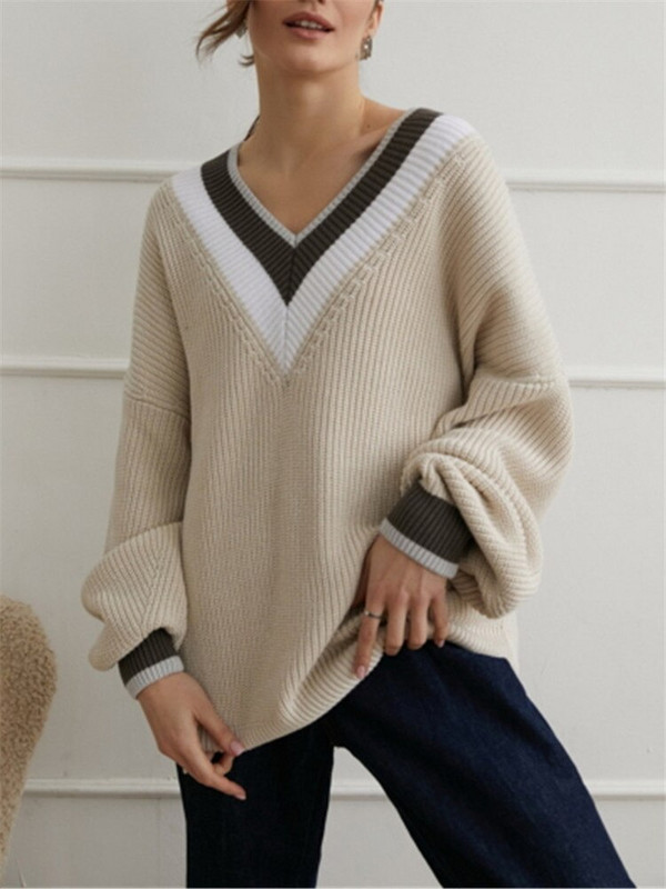Γυναικείο φθινοπωρινό χειμερινό πουλόβερ Γυναικεία πουλόβερ Oversize Loose V λαιμόκοψη ριγέ casual πλεκτό χοντρό πουλόβερ Γυναικεία μπλουζάκια γυναικεία