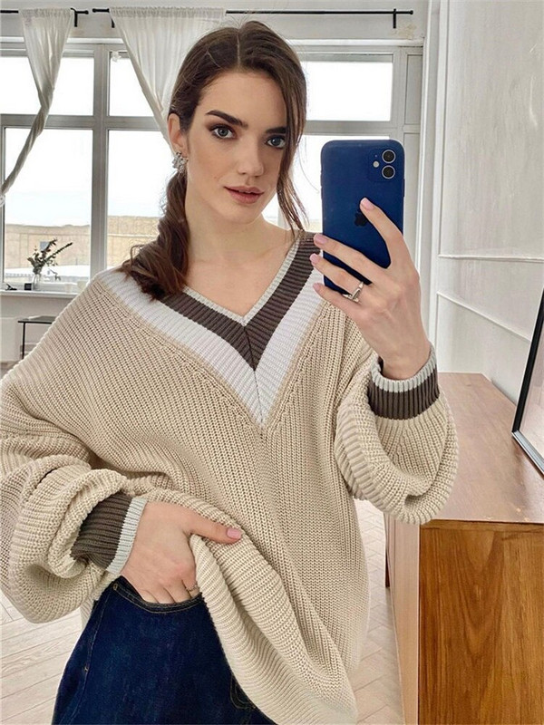 Γυναικείο φθινοπωρινό χειμερινό πουλόβερ Γυναικεία πουλόβερ Oversize Loose V λαιμόκοψη ριγέ casual πλεκτό χοντρό πουλόβερ Γυναικεία μπλουζάκια γυναικεία