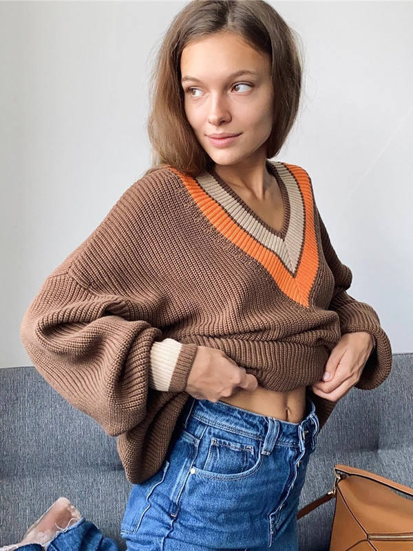 Γυναικείο φθινοπωρινό χειμερινό πουλόβερ Γυναικεία πουλόβερ Oversize Loose V λαιμόκοψη ριγέ casual πλεκτό χοντρό πουλόβερ Γυναικεία μπλουζάκια γυναικεία