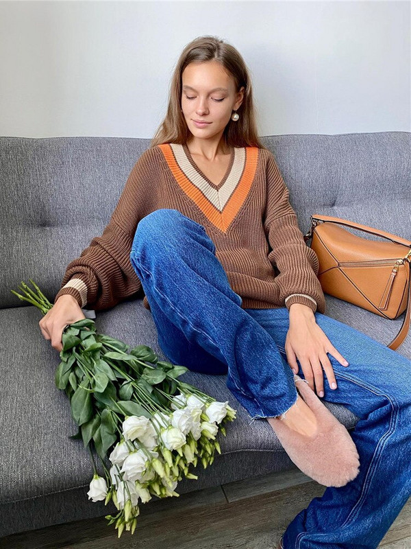 Γυναικείο φθινοπωρινό χειμερινό πουλόβερ Γυναικεία πουλόβερ Oversize Loose V λαιμόκοψη ριγέ casual πλεκτό χοντρό πουλόβερ Γυναικεία μπλουζάκια γυναικεία