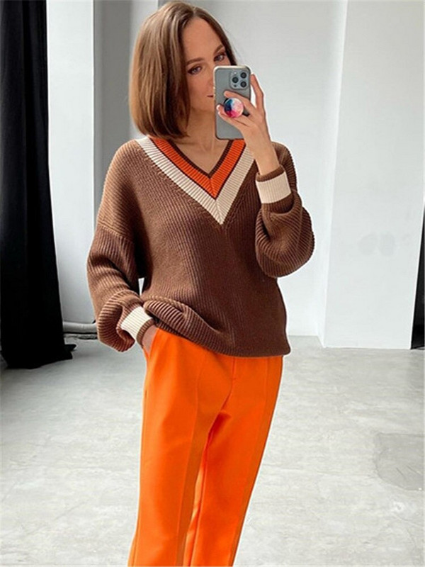 Γυναικείο φθινοπωρινό χειμερινό πουλόβερ Γυναικεία πουλόβερ Oversize Loose V λαιμόκοψη ριγέ casual πλεκτό χοντρό πουλόβερ Γυναικεία μπλουζάκια γυναικεία