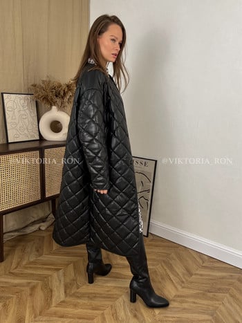 Νέο χειμερινό παλτό 2022 Γυναικείο Parkas Casual Faux PU Δερμάτινο μπουφάν με επένδυση Argyle Μακρύ δερμάτινο παλτό με ένα κουμπί trf