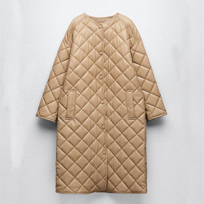 Jauns 2022. gada ziemas mētelis, sieviete Parkas, ikdienas mākslīgā PU ādas polsterēta jaka Argyle ar vienu pogu, garš ādas mētelis, virsjaka trf