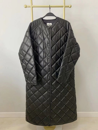 Jauns 2022. gada ziemas mētelis, sieviete Parkas, ikdienas mākslīgā PU ādas polsterēta jaka Argyle ar vienu pogu, garš ādas mētelis, virsjaka trf