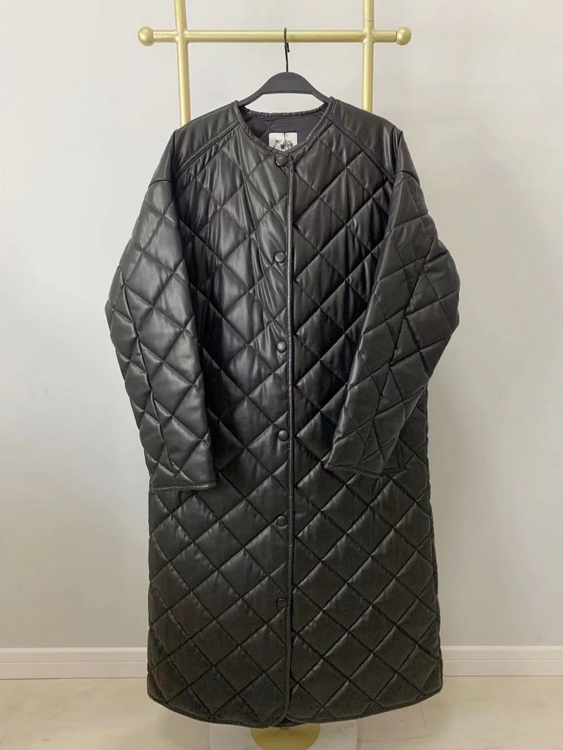 Jauns 2022. gada ziemas mētelis, sieviete Parkas, ikdienas mākslīgā PU ādas polsterēta jaka Argyle ar vienu pogu, garš ādas mētelis, virsjaka trf