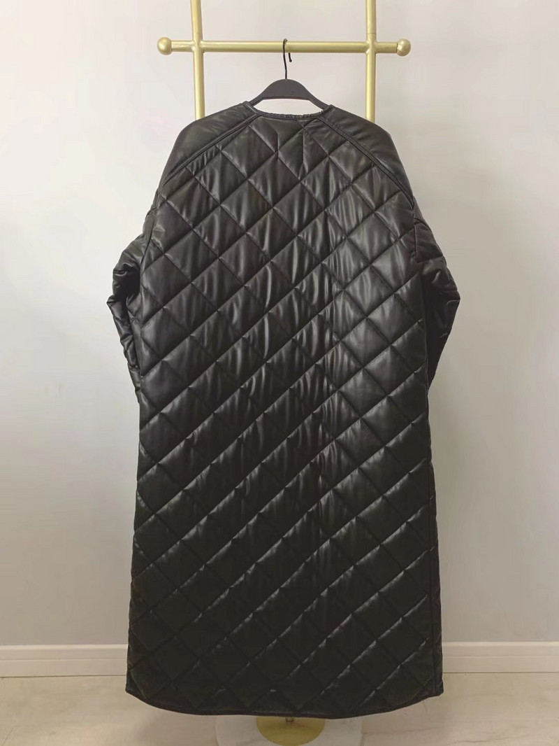 Jauns 2022. gada ziemas mētelis, sieviete Parkas, ikdienas mākslīgā PU ādas polsterēta jaka Argyle ar vienu pogu, garš ādas mētelis, virsjaka trf