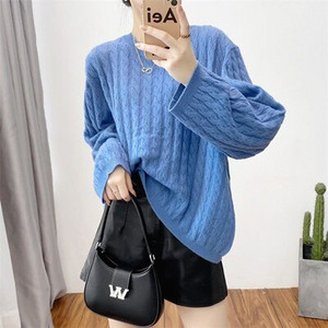 Γυναικείο πουλόβερ από 100% αγνό μαλλί κασμίρ, πουλόβερ με γιακά O casual πλεκτό τοπ φθινόπωρο και χειμώνα χαλαρό πουλόβερ μόδας κορεατικής έκδοσης